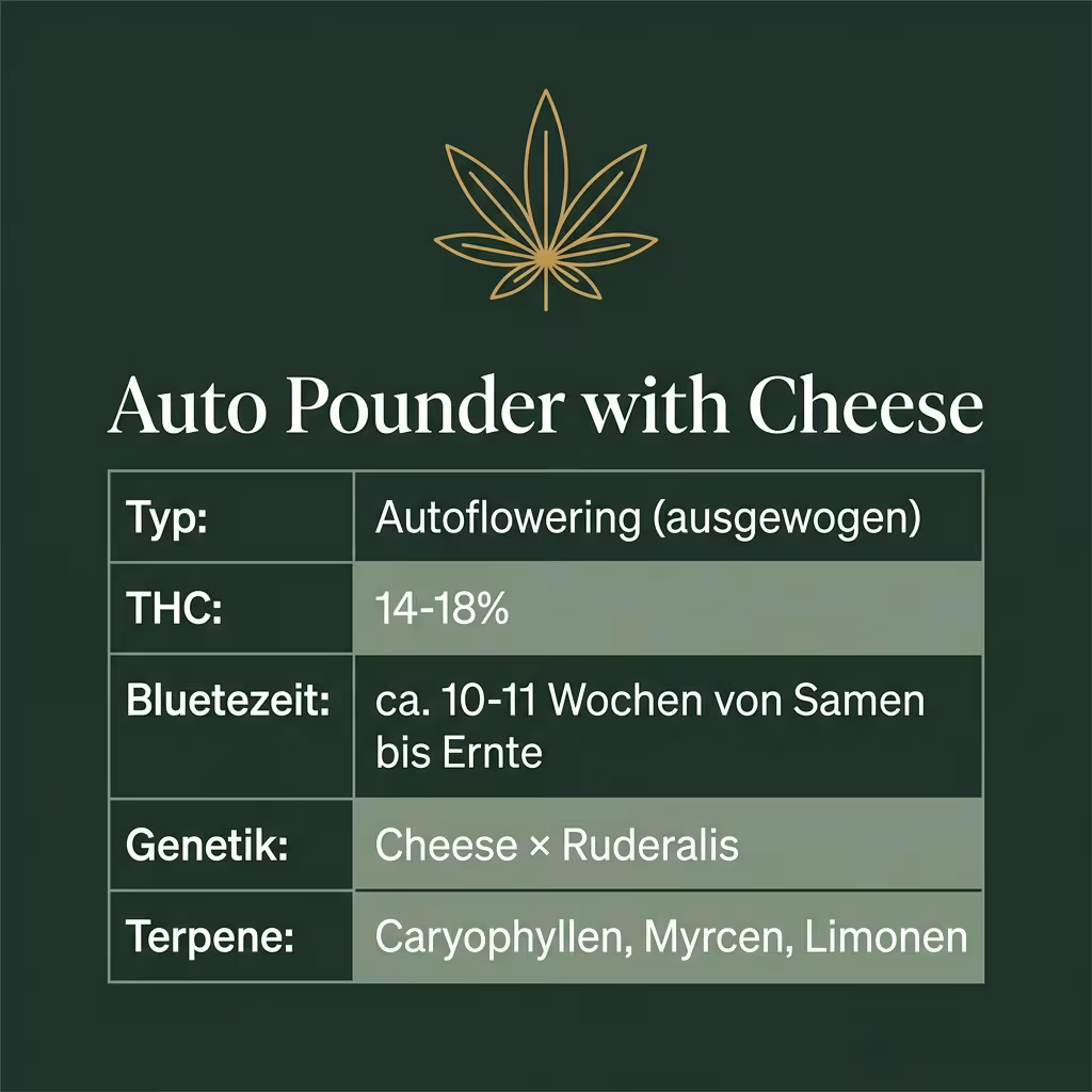Infografik mit Auto Pounder with Cheese Key Facts: Typ Autoflowering (ausgewogen), THC 14-18%, Bluetezeit ca. 10-11 Wochen von Samen bis Ernte, Genetik Cheese × Ruderalis und Terpene Caryophyllen, Myrcen, Limonen