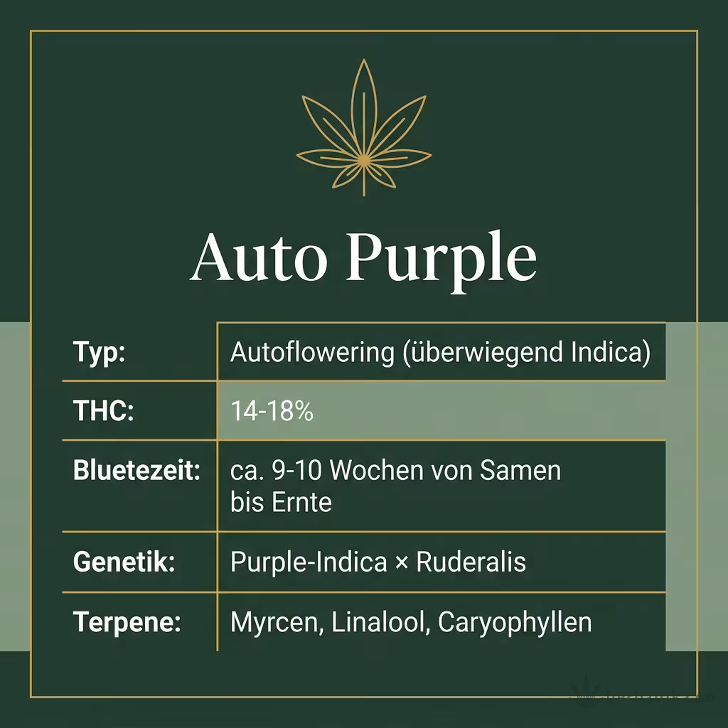 Infografik mit Auto Purple Key Facts: Typ Autoflowering (überwiegend Indica), THC 14-18%, Bluetezeit ca. 9-10 Wochen von Samen bis Ernte, Genetik Purple-Indica × Ruderalis und Terpene Myrcen, Linalool, Caryophyllen