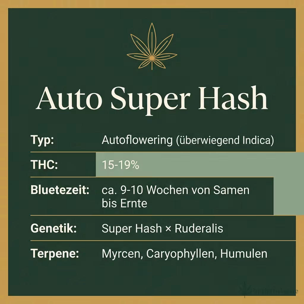 Infografik mit Auto Super Hash Key Facts: Typ Autoflowering (überwiegend Indica), THC 15-19%, Bluetezeit ca. 9-10 Wochen von Samen bis Ernte, Genetik Super Hash × Ruderalis und Terpene Myrcen, Caryophyllen, Humulen