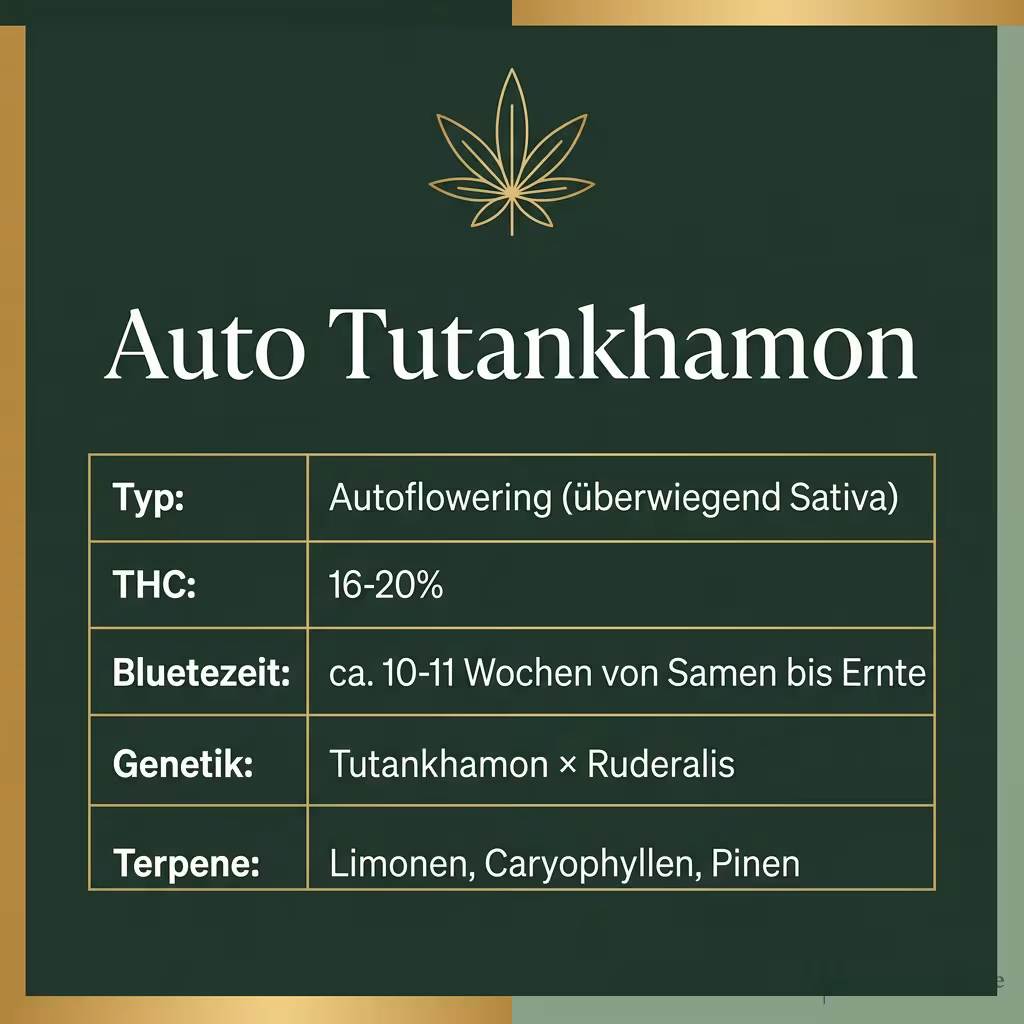 Infografik mit Auto Tutankhamon Key Facts: Typ Autoflowering (überwiegend Sativa), THC 16-20%, Bluetezeit ca. 10-11 Wochen von Samen bis Ernte, Genetik Tutankhamon × Ruderalis und Terpene Limonen, Caryophyllen, Pinen