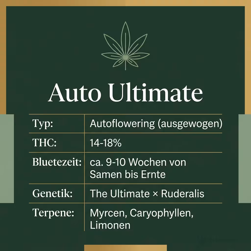 Infografik mit Auto Ultimate Key Facts: Typ Autoflowering (ausgewogen), THC 14-18%, Bluetezeit ca. 9-10 Wochen von Samen bis Ernte, Genetik The Ultimate × Ruderalis und Terpene Myrcen, Caryophyllen, Limonen
