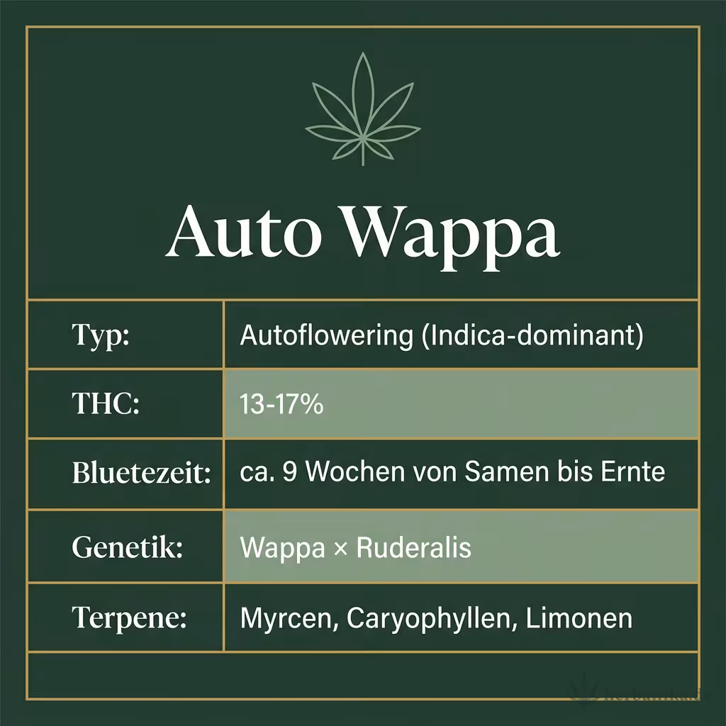 Infografik mit Auto Wappa Key Facts: Typ Autoflowering (Indica-dominant), THC 13-17%, Bluetezeit ca. 9 Wochen von Samen bis Ernte, Genetik Wappa × Ruderalis und Terpene Myrcen, Caryophyllen, Limonen