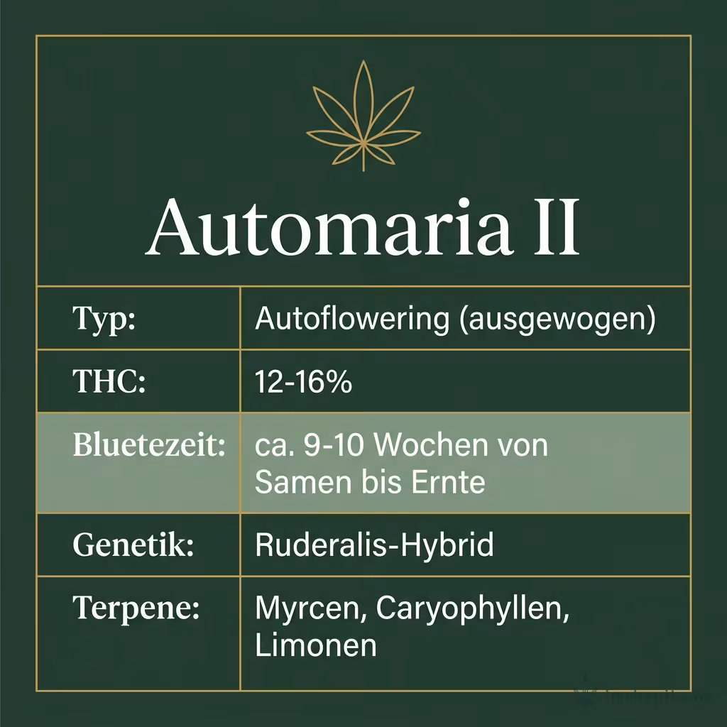 Infografik mit Automaria II Key Facts: Typ Autoflowering (ausgewogen), THC 12-16%, Bluetezeit ca. 9-10 Wochen von Samen bis Ernte, Genetik Ruderalis-Hybrid und Terpene Myrcen, Caryophyllen, Limonen