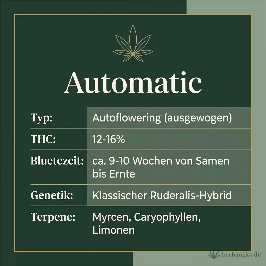 Infografik mit Automatic Key Facts: Typ Autoflowering (ausgewogen), THC 12-16%, Bluetezeit ca. 9-10 Wochen von Samen bis Ernte, Genetik Klassischer Ruderalis-Hybrid und Terpene Myrcen, Caryophyllen, Limonen