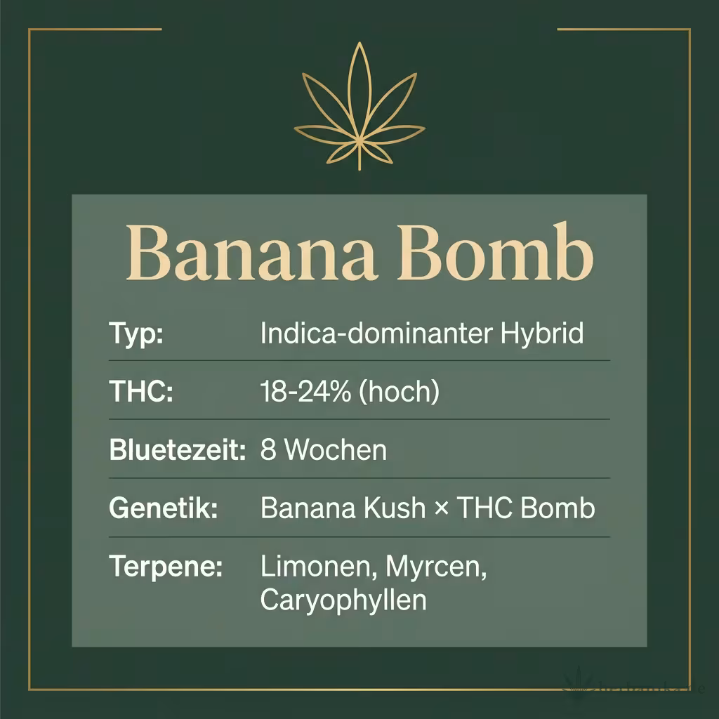 Infografik mit Banana Bomb Key Facts: Typ Indica-dominanter Hybrid, THC 18-24% (hoch), Bluetezeit 8 Wochen, Genetik Banana Kush × THC Bomb und Terpene Limonen, Myrcen, Caryophyllen