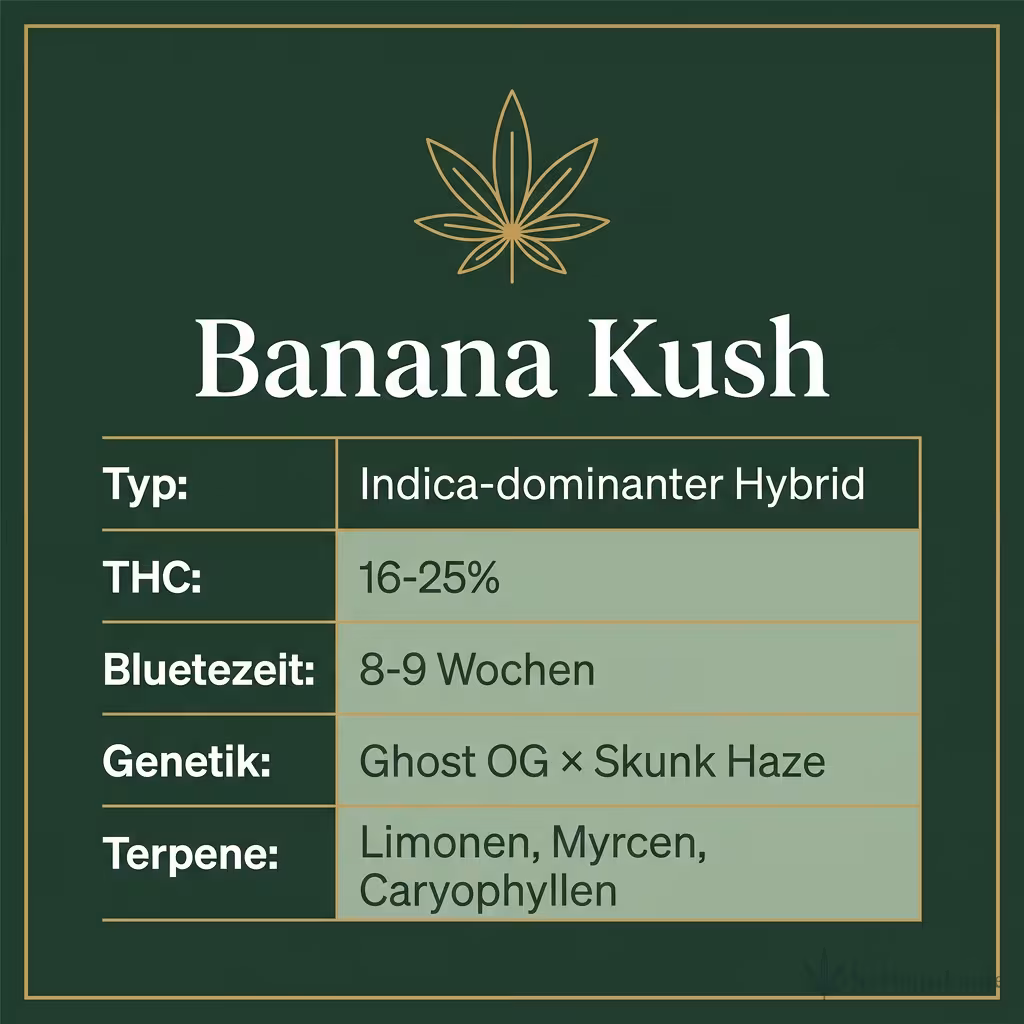 Infografik mit Banana-Kush Key Facts: Typ Indica-dominanter Hybrid, THC 16-25%, Bluetezeit 8-9 Wochen, Genetik Ghost OG x Skunk Haze und Terpene Limonen, Myrcen, Caryophyllen