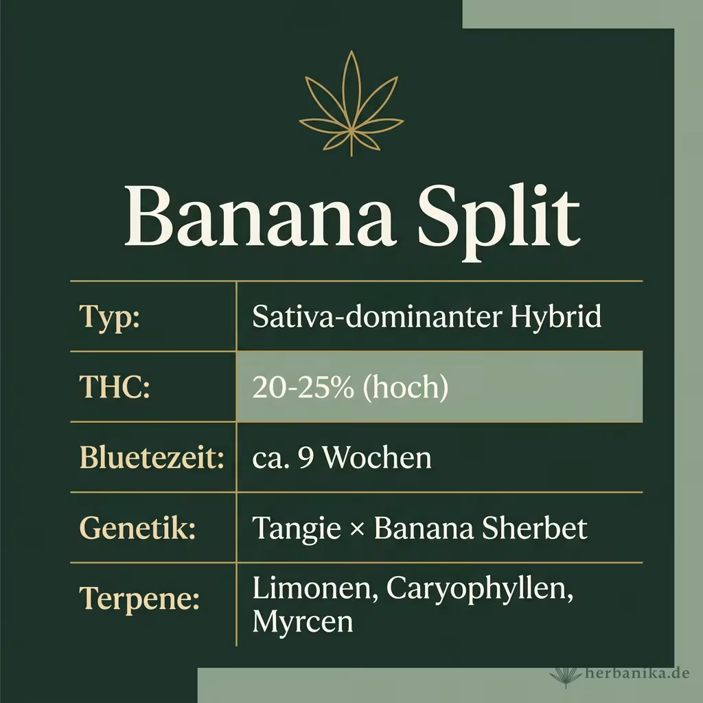 Infografik mit Banana Split Key Facts: Typ Sativa-dominanter Hybrid, THC 20-25% (hoch), Bluetezeit ca. 9 Wochen, Genetik Tangie × Banana Sherbet und Terpene Limonen, Caryophyllen, Myrcen