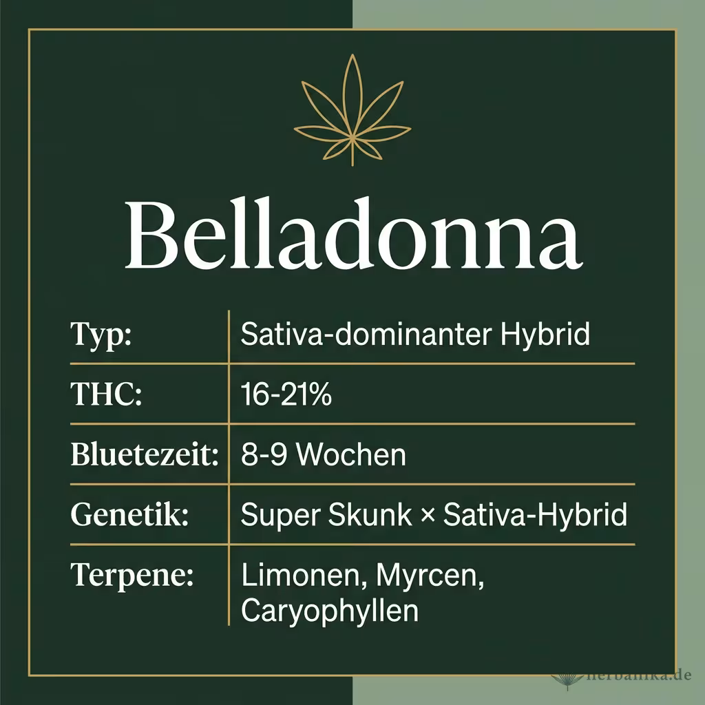 Infografik mit Belladonna Key Facts: Typ Sativa-dominanter Hybrid, THC 16-21%, Bluetezeit 8-9 Wochen, Genetik Super Skunk × Sativa-Hybrid und Terpene Limonen, Myrcen, Caryophyllen