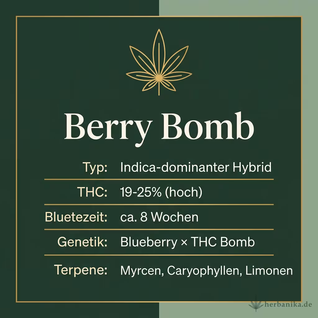 Infografik mit Berry Bomb Key Facts: Typ Indica-dominanter Hybrid, THC 19-25% (hoch), Bluetezeit ca. 8 Wochen, Genetik Blueberry × THC Bomb und Terpene Myrcen, Caryophyllen, Limonen