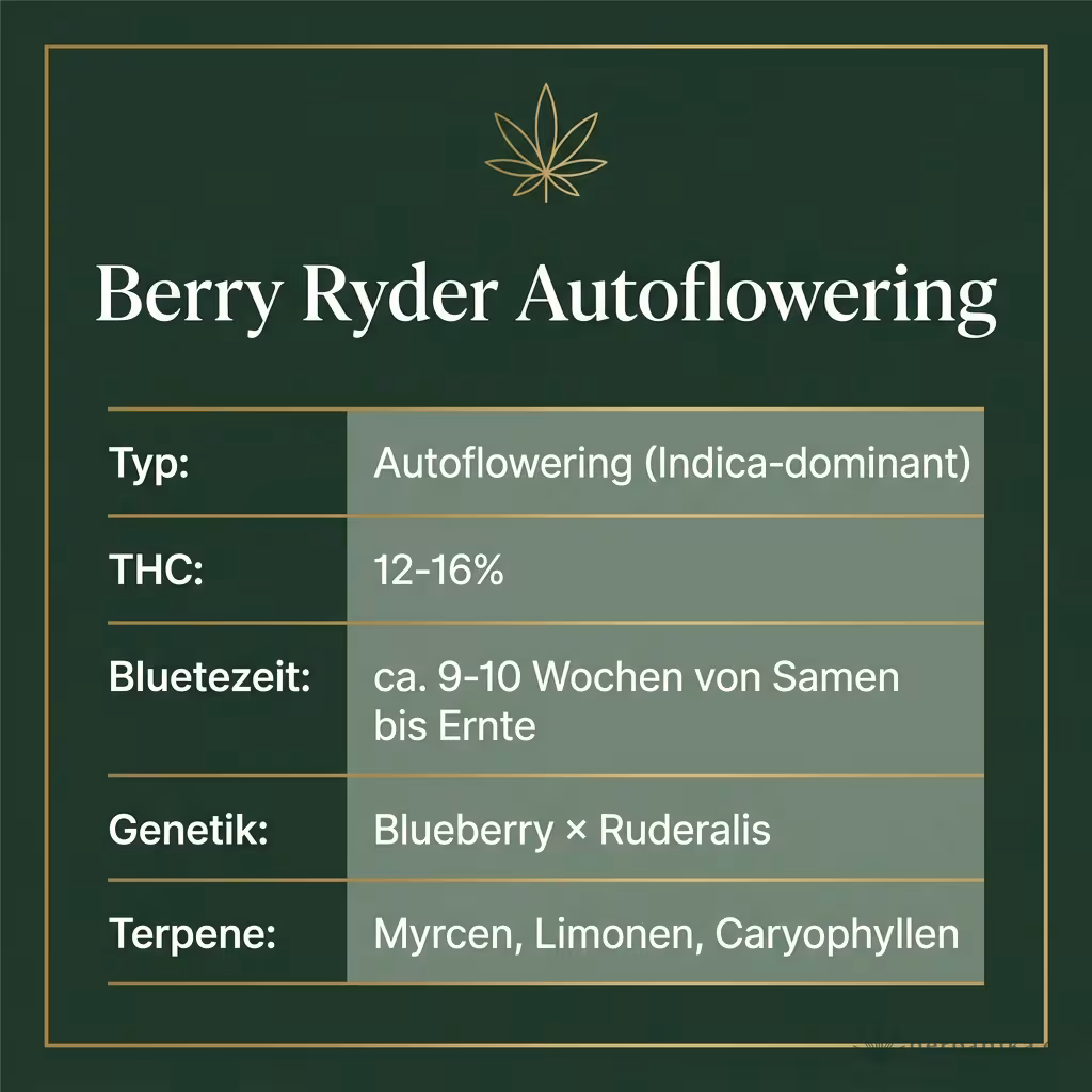 Infografik mit Berry Ryder Autoflowering Key Facts: Typ Autoflowering (Indica-dominant), THC 12-16%, Bluetezeit ca. 9-10 Wochen von Samen bis Ernte, Genetik Blueberry × Ruderalis und Terpene Myrcen, Limonen, Caryophyllen