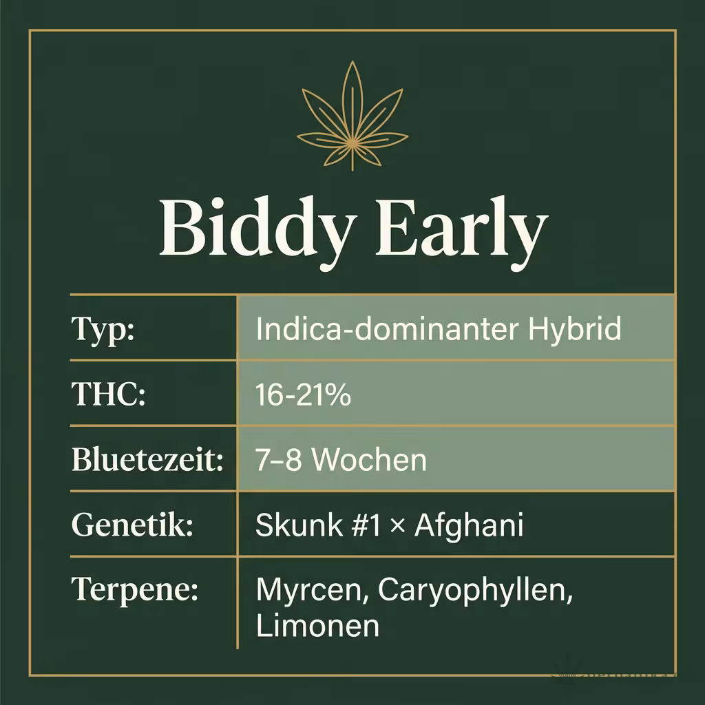 Infografik mit Biddy Early Key Facts: Typ Indica-dominanter Hybrid, THC 16-21%, Bluetezeit 7-8 Wochen, Genetik Skunk #1 × Afghani und Terpene Myrcen, Caryophyllen, Limonen