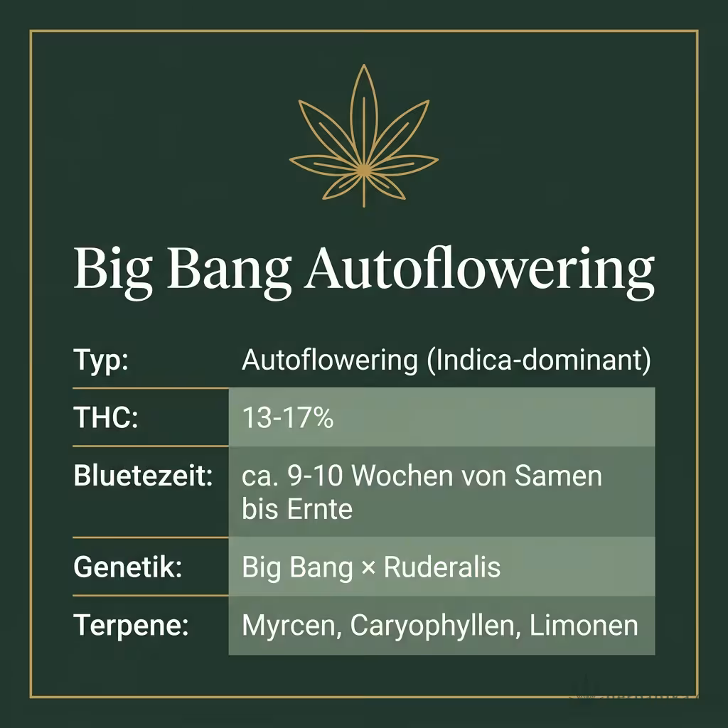 Infografik mit Big Bang Autoflowering Key Facts: Typ Autoflowering (Indica-dominant), THC 13-17%, Bluetezeit ca. 9-10 Wochen von Samen bis Ernte, Genetik Big Bang × Ruderalis und Terpene Myrcen, Caryophyllen, Limonen