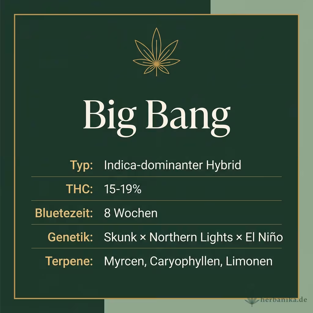Infografik mit Big Bang Key Facts: Typ Indica-dominanter Hybrid, THC 15-19%, Bluetezeit 8 Wochen, Genetik Skunk × Northern Lights × El Niño und Terpene Myrcen, Caryophyllen, Limonen