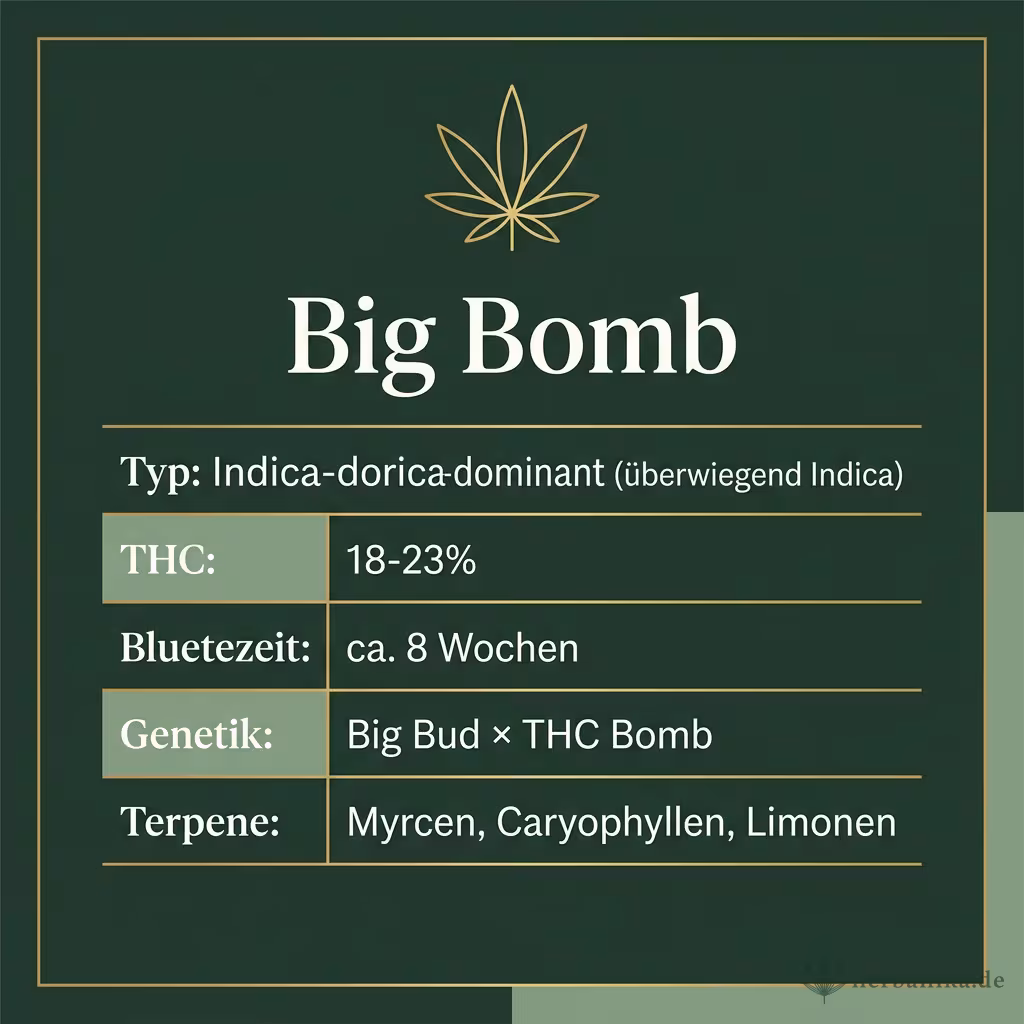 Infografik mit Big Bomb Key Facts: Typ Indica-dominant (überwiegend Indica), THC 18-23%, Bluetezeit ca. 8 Wochen, Genetik Big Bud × THC Bomb und Terpene Myrcen, Caryophyllen, Limonen