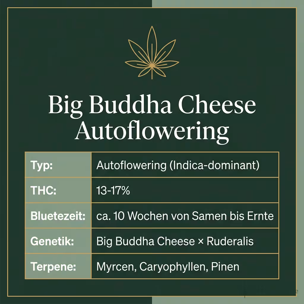 Infografik mit Big Buddha Cheese Autoflowering Key Facts: Typ Autoflowering (Indica-dominant), THC 13-17%, Bluetezeit ca. 10 Wochen von Samen bis Ernte, Genetik Big Buddha Cheese × Ruderalis und Terpene Myrcen, Caryophyllen, Pinen
