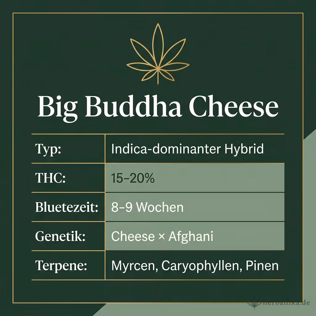 Infografik mit Big Buddha Cheese Key Facts: Typ Indica-dominanter Hybrid, THC 15-20%, Bluetezeit 8-9 Wochen, Genetik Cheese × Afghani und Terpene Myrcen, Caryophyllen, Pinen