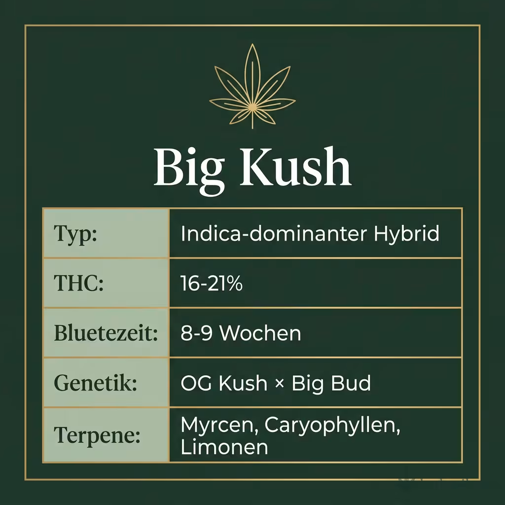 Infografik mit Big Kush Key Facts: Typ Indica-dominanter Hybrid, THC 16-21%, Bluetezeit 8-9 Wochen, Genetik OG Kush × Big Bud und Terpene Myrcen, Caryophyllen, Limonen