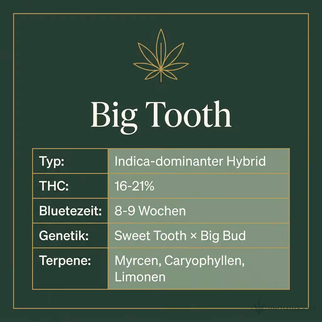Infografik mit Big Tooth Key Facts: Typ Indica-dominanter Hybrid, THC 16-21%, Bluetezeit 8-9 Wochen, Genetik Sweet Tooth × Big Bud und Terpene Myrcen, Caryophyllen, Limonen