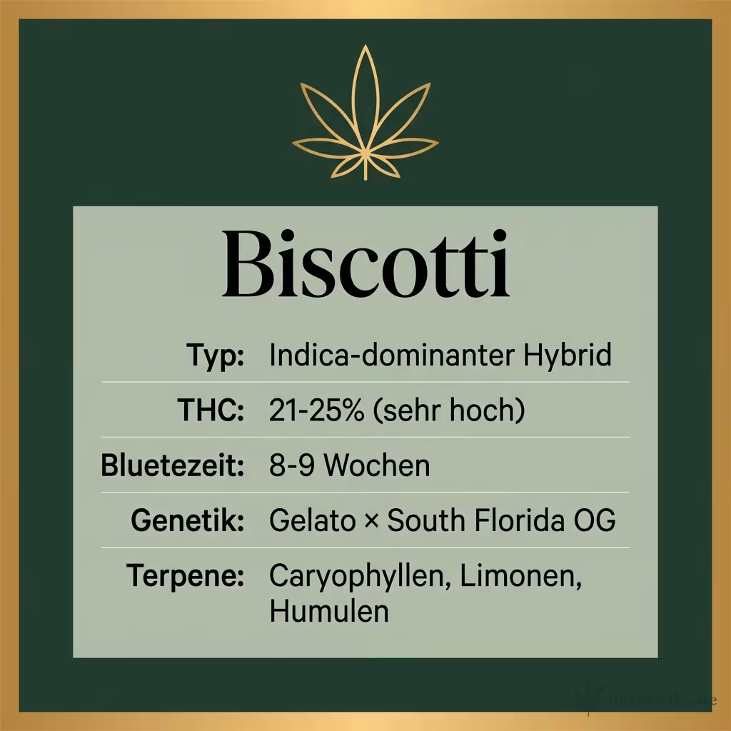 Infografik mit Biscotti Key Facts: Typ Indica-dominant, THC 21-25%, Bluetezeit 8-9 Wochen, Genetik Gelato x South Florida OG und Terpene Caryophyllen, Limonen, Humulen