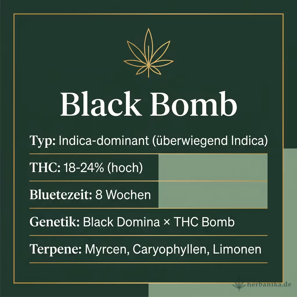 Infografik mit Black Bomb Key Facts: Typ Indica-dominant (überwiegend Indica), THC 18-24% (hoch), Bluetezeit 8 Wochen, Genetik Black Domina × THC Bomb und Terpene Myrcen, Caryophyllen, Limonen