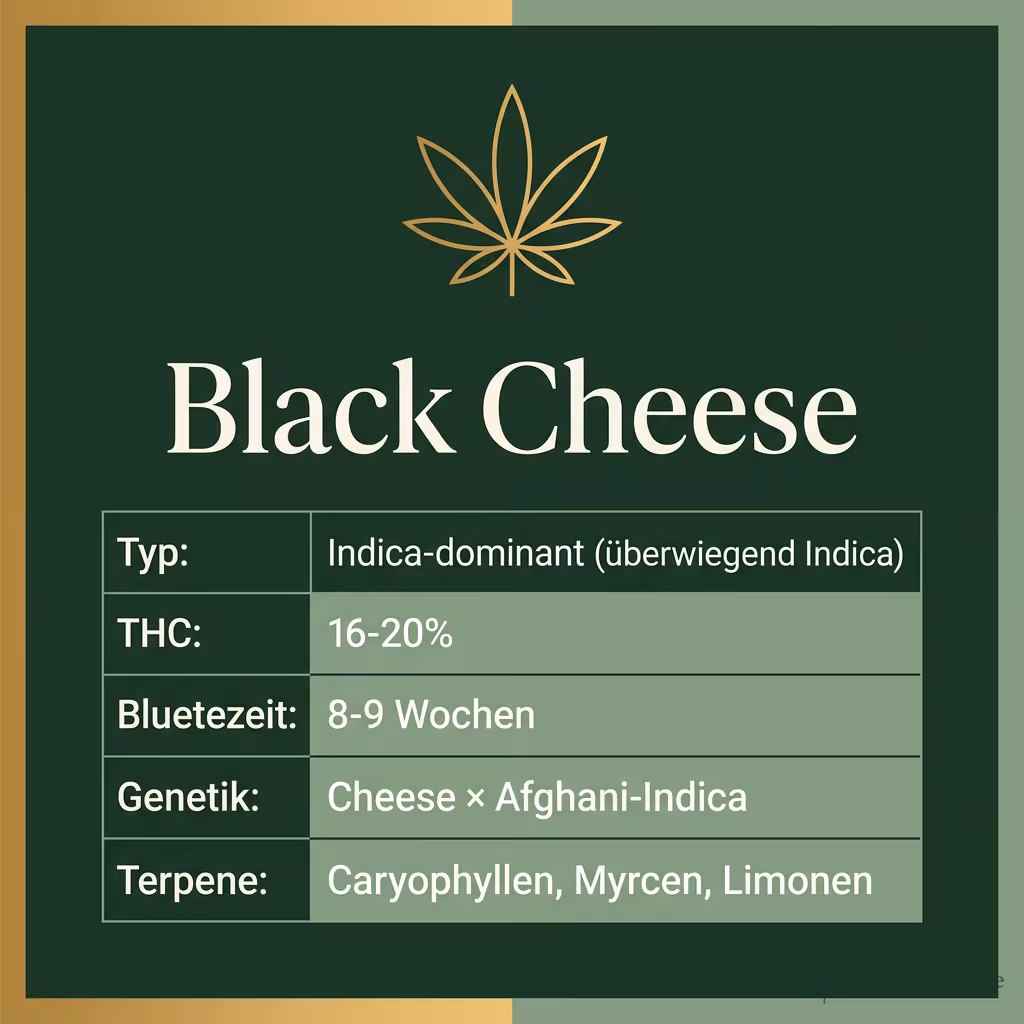 Infografik mit Black Cheese Key Facts: Typ Indica-dominant (überwiegend Indica), THC 16-20%, Bluetezeit 8-9 Wochen, Genetik Cheese × Afghani-Indica und Terpene Caryophyllen, Myrcen, Limonen