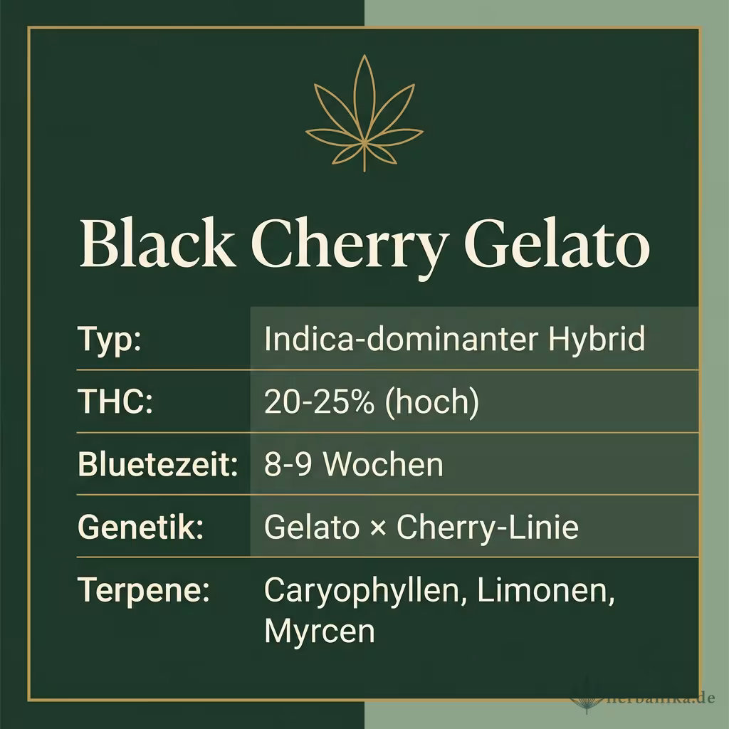Infografik mit Black Cherry Gelato Key Facts: Typ Indica-dominanter Hybrid, THC 20-25% (hoch), Bluetezeit 8-9 Wochen, Genetik Gelato × Cherry-Linie und Terpene Caryophyllen, Limonen, Myrcen