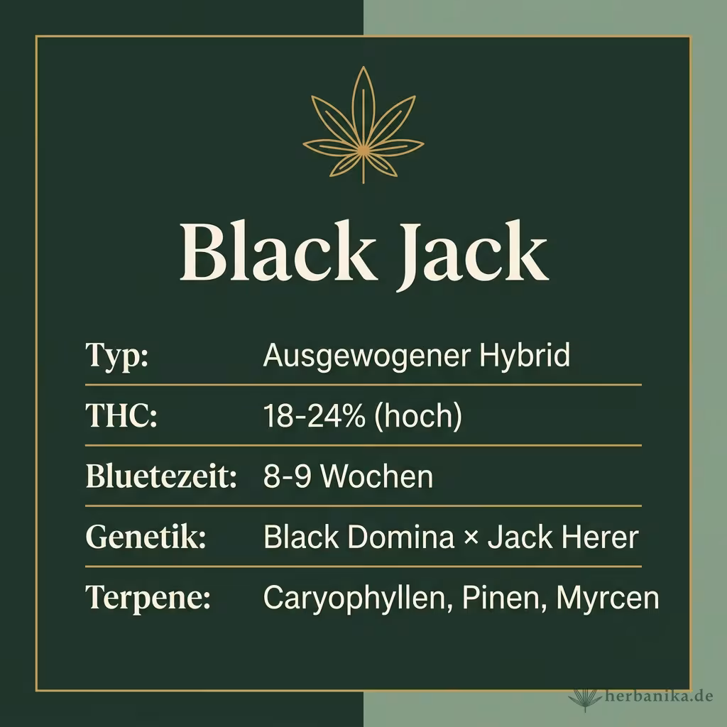Infografik mit Black-Jack Key Facts: Typ ausgewogener Hybrid, THC 18-24%, Bluetezeit 8-9 Wochen, Genetik Black Domina x Jack Herer und Terpene Caryophyllen, Pinen, Myrcen