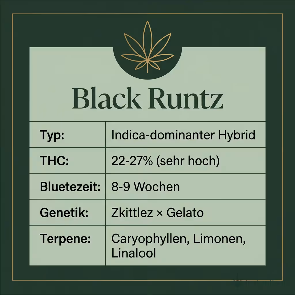 Infografik mit Black Runtz Key Facts: Typ Indica-dominanter Hybrid, THC 22-27% (sehr hoch), Bluetezeit 8-9 Wochen, Genetik Zkittlez × Gelato und Terpene Caryophyllen, Limonen, Linalool