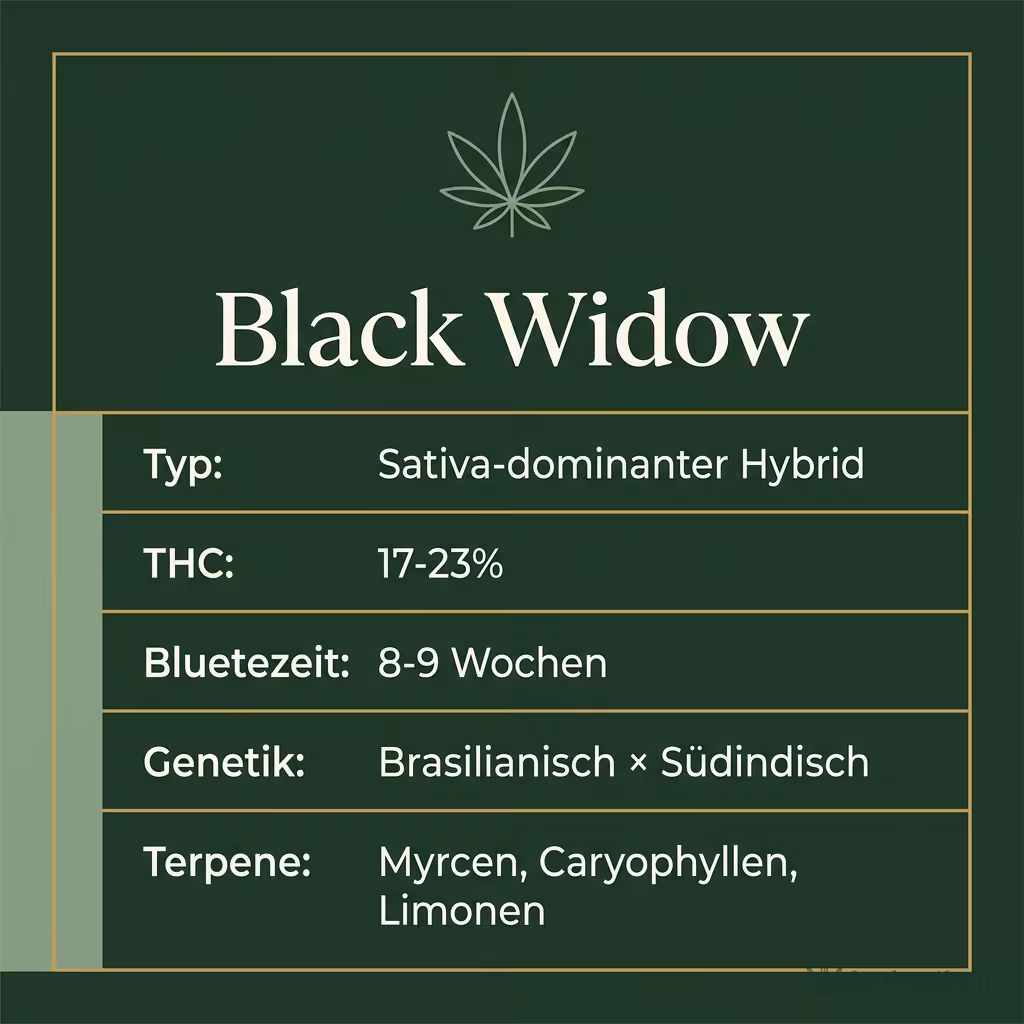 Infografik mit Black Widow Key Facts: Typ Sativa-dominanter Hybrid, THC 17-23%, Bluetezeit 8-9 Wochen, Genetik Brasilianisch × Südindisch und Terpene Myrcen, Caryophyllen, Limonen