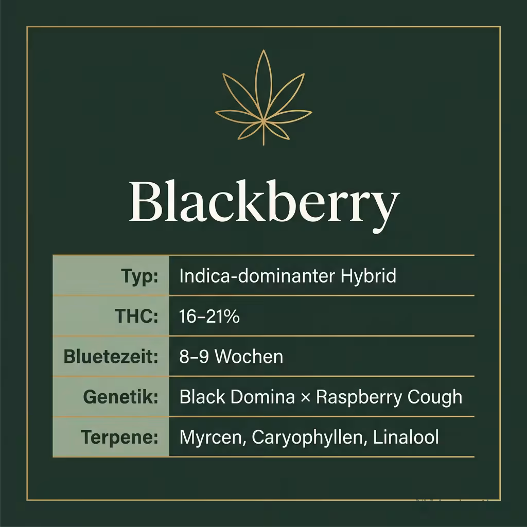 Infografik mit Blackberry Key Facts: Typ Indica-dominanter Hybrid, THC 16-21%, Bluetezeit 8-9 Wochen, Genetik Black Domina × Raspberry Cough und Terpene Myrcen, Caryophyllen, Linalool