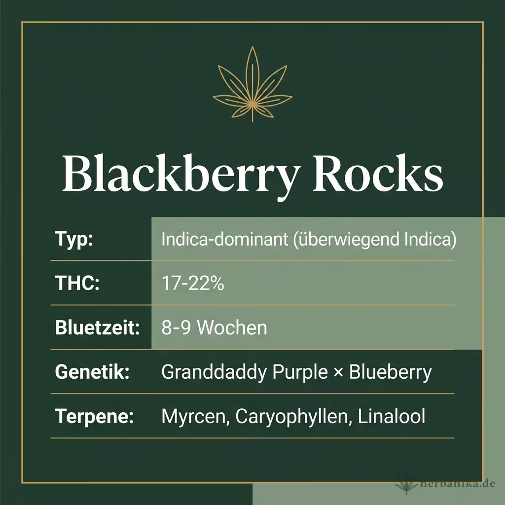 Infografik mit Blackberry Rocks Key Facts: Typ Indica-dominant (überwiegend Indica), THC 17-22%, Bluetezeit 8-9 Wochen, Genetik Granddaddy Purple × Blueberry und Terpene Myrcen, Caryophyllen, Linalool