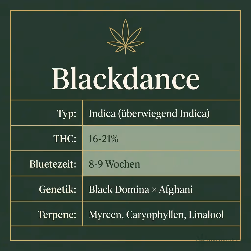 Infografik mit Blackdance Key Facts: Typ Indica (überwiegend Indica), THC 16-21%, Bluetezeit 8-9 Wochen, Genetik Black Domina × Afghani und Terpene Myrcen, Caryophyllen, Linalool