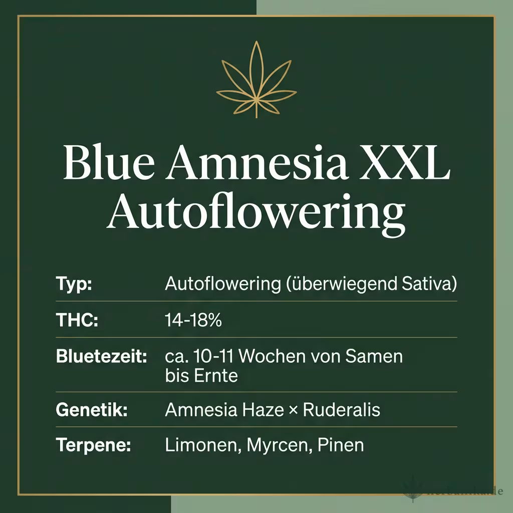 Infografik mit Blue Amnesia XXL Autoflowering Key Facts: Typ Autoflowering (überwiegend Sativa), THC 14-18%, Bluetezeit ca. 10-11 Wochen von Samen bis Ernte, Genetik Amnesia Haze × Ruderalis und Terpene Limonen, Myrcen, Pinen