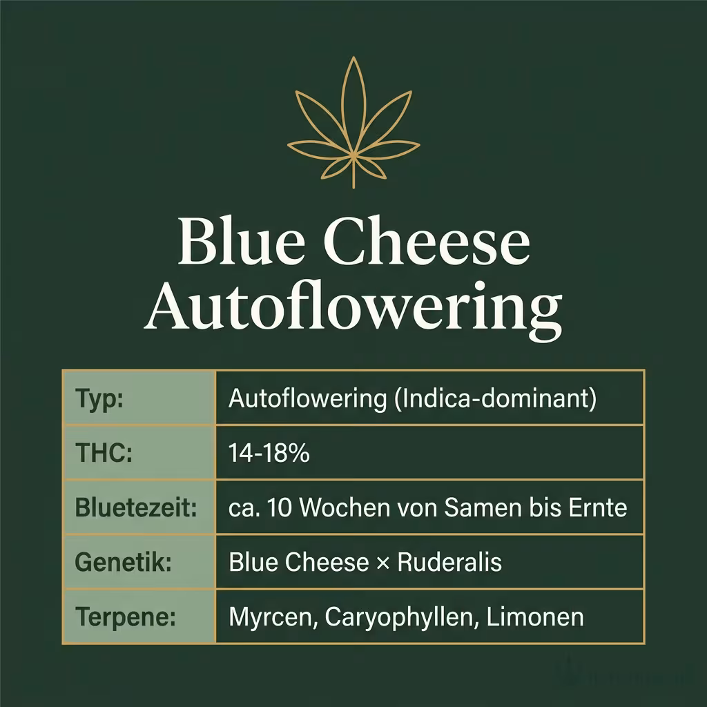 Infografik mit Blue Cheese Autoflowering Key Facts: Typ Autoflowering (Indica-dominant), THC 14-18%, Bluetezeit ca. 10 Wochen von Samen bis Ernte, Genetik Blue Cheese × Ruderalis und Terpene Myrcen, Caryophyllen, Limonen