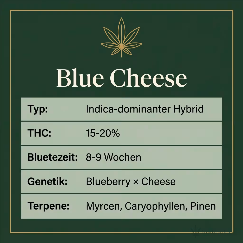 Infografik mit Blue-Cheese Key Facts: Typ Indica-dominant, THC 15-20%, Bluetezeit 8-9 Wochen, Genetik Blueberry x Cheese und Terpene Myrcen, Caryophyllen, Pinen