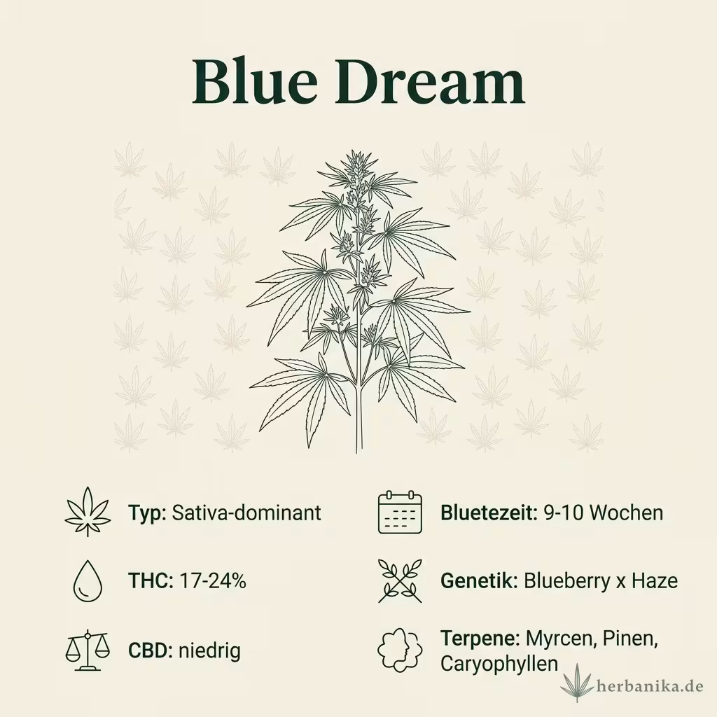 Infografik mit Blue-Dream Key Facts: Typ Sativa-dominant, THC 17-24%, Bluetezeit 9-10 Wochen, Genetik Blueberry x Haze und Terpene Myrcen, Pinen, Caryophyllen