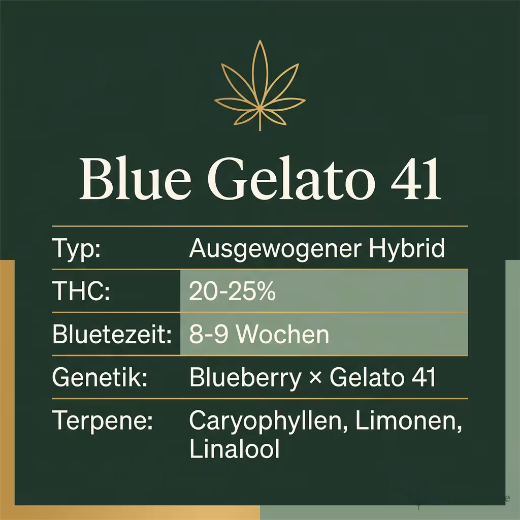 Infografik mit Blue Gelato 41 Key Facts: Typ Ausgewogener Hybrid, THC 20-25%, Bluetezeit 8-9 Wochen, Genetik Blueberry × Gelato 41 und Terpene Caryophyllen, Limonen, Linalool