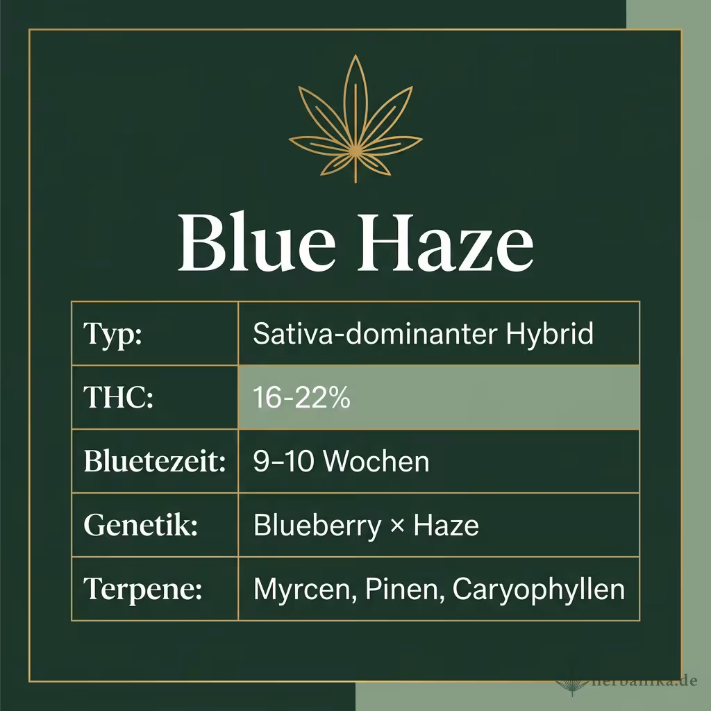 Infografik mit Blue Haze Key Facts: Typ Sativa-dominanter Hybrid, THC 16-22%, Bluetezeit 9-10 Wochen, Genetik Blueberry × Haze und Terpene Myrcen, Pinen, Caryophyllen