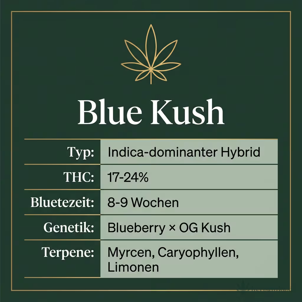 Infografik mit Blue Kush Key Facts: Typ Indica-dominanter Hybrid, THC 17-24%, Bluetezeit 8-9 Wochen, Genetik Blueberry × OG Kush und Terpene Myrcen, Caryophyllen, Limonen