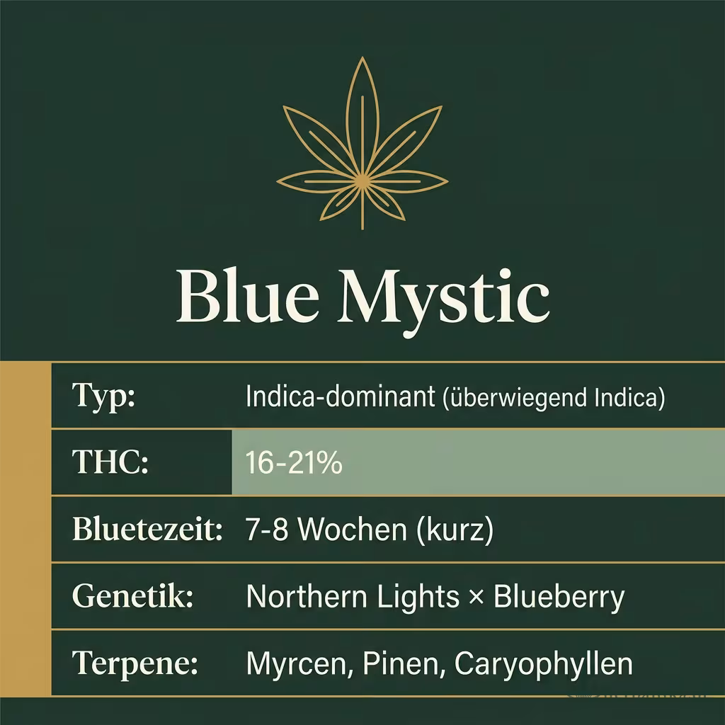 Infografik mit Blue Mystic Key Facts: Typ Indica-dominant (überwiegend Indica), THC 16-21%, Bluetezeit 7-8 Wochen (kurz), Genetik Northern Lights × Blueberry und Terpene Myrcen, Pinen, Caryophyllen