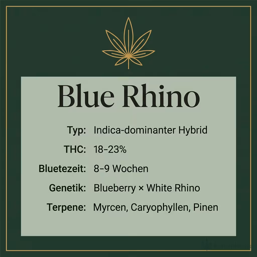 Infografik mit Blue Rhino Key Facts: Typ Indica-dominanter Hybrid, THC 18-23%, Bluetezeit 8-9 Wochen, Genetik Blueberry × White Rhino und Terpene Myrcen, Caryophyllen, Pinen