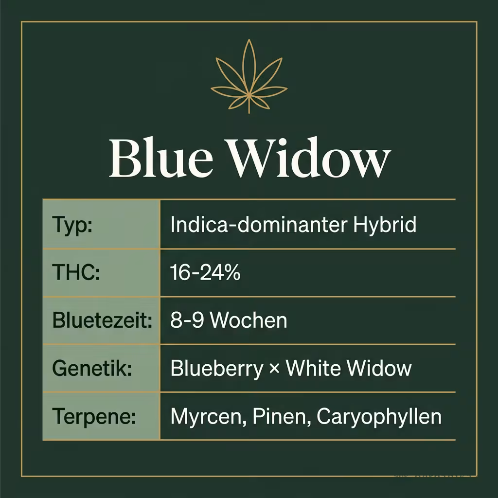 Infografik mit Blue Widow Key Facts: Typ Indica-dominanter Hybrid, THC 16-24%, Bluetezeit 8-9 Wochen, Genetik Blueberry × White Widow und Terpene Myrcen, Pinen, Caryophyllen