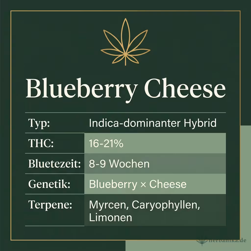 Infografik mit Blueberry Cheese Key Facts: Typ Indica-dominanter Hybrid, THC 16-21%, Bluetezeit 8-9 Wochen, Genetik Blueberry × Cheese und Terpene Myrcen, Caryophyllen, Limonen