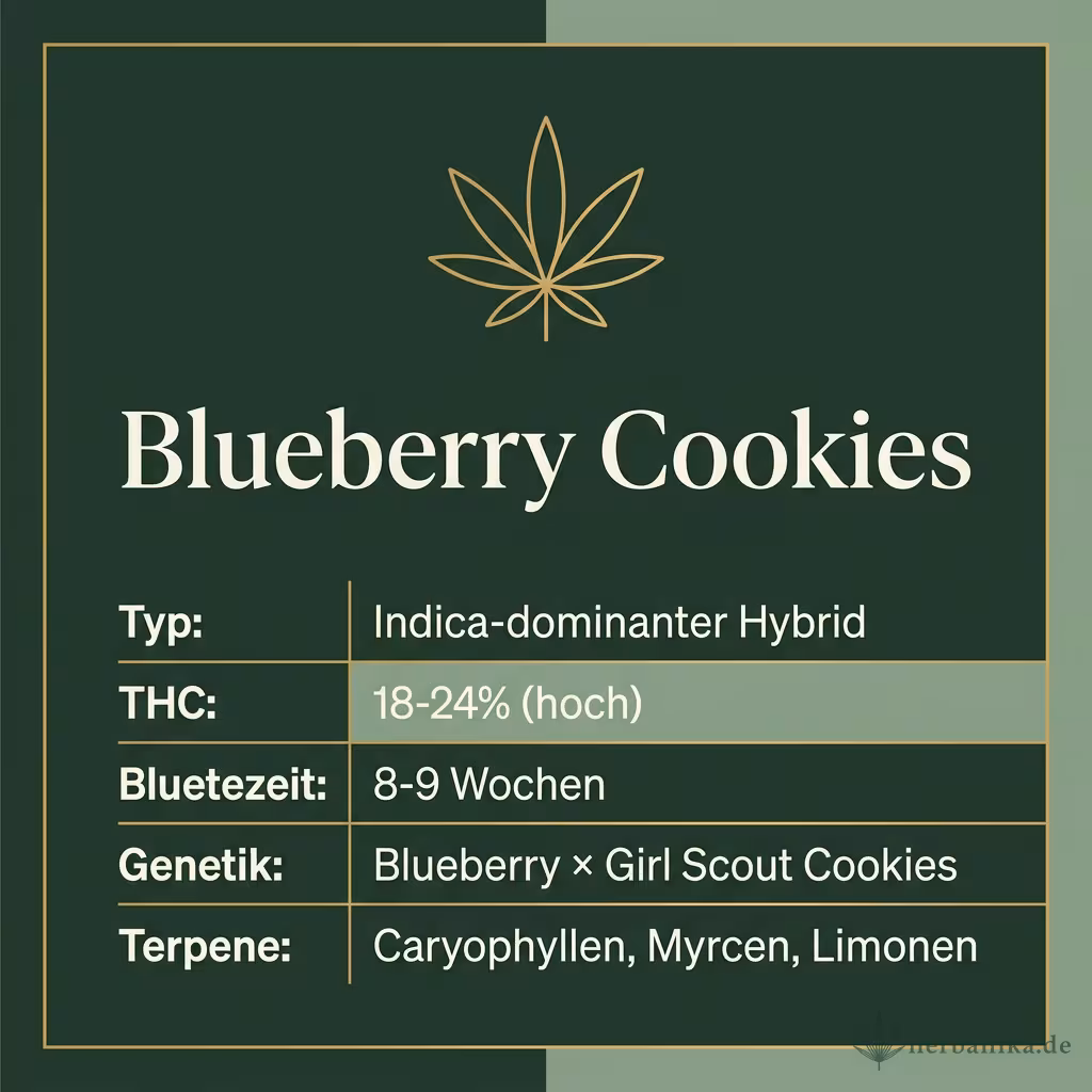 Infografik mit Blueberry Cookies Key Facts: Typ Indica-dominanter Hybrid, THC 18-24% (hoch), Bluetezeit 8-9 Wochen, Genetik Blueberry × Girl Scout Cookies und Terpene Caryophyllen, Myrcen, Limonen