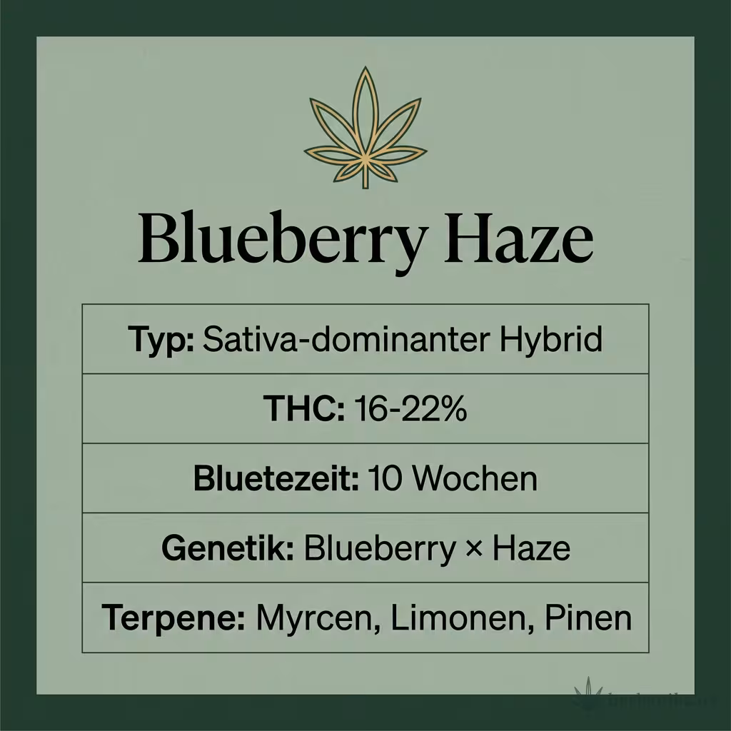 Infografik mit Blueberry Haze Key Facts: Typ Sativa-dominanter Hybrid, THC 16-22%, Bluetezeit 10 Wochen, Genetik Blueberry × Haze und Terpene Myrcen, Limonen, Pinen