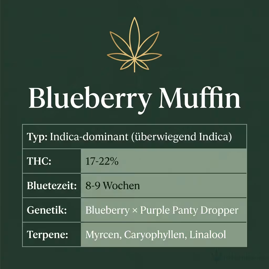 Infografik mit Blueberry Muffin Key Facts: Typ Indica-dominant (überwiegend Indica), THC 17-22%, Bluetezeit 8-9 Wochen, Genetik Blueberry × Purple Panty Dropper und Terpene Myrcen, Caryophyllen, Linalool