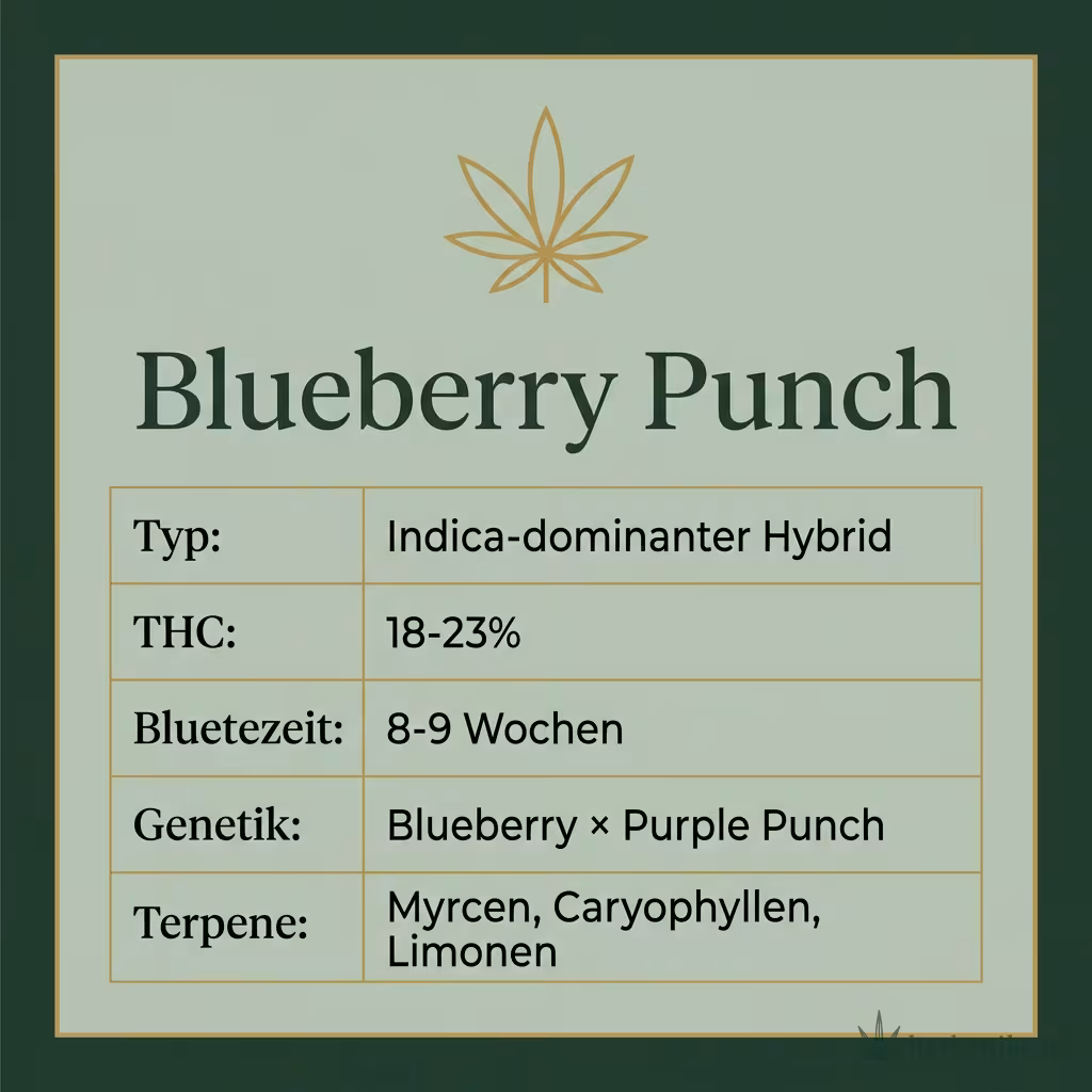 Infografik mit Blueberry Punch Key Facts: Typ Indica-dominanter Hybrid, THC 18-23%, Bluetezeit 8-9 Wochen, Genetik Blueberry × Purple Punch und Terpene Myrcen, Caryophyllen, Limonen