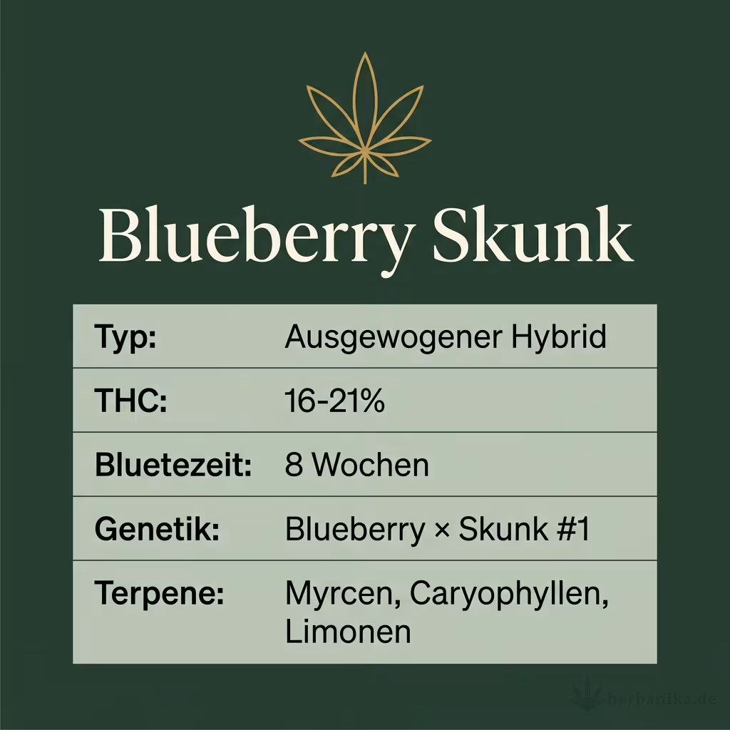 Infografik mit Blueberry Skunk Key Facts: Typ Ausgewogener Hybrid, THC 16-21%, Bluetezeit 8 Wochen, Genetik Blueberry × Skunk #1 und Terpene Myrcen, Caryophyllen, Limonen