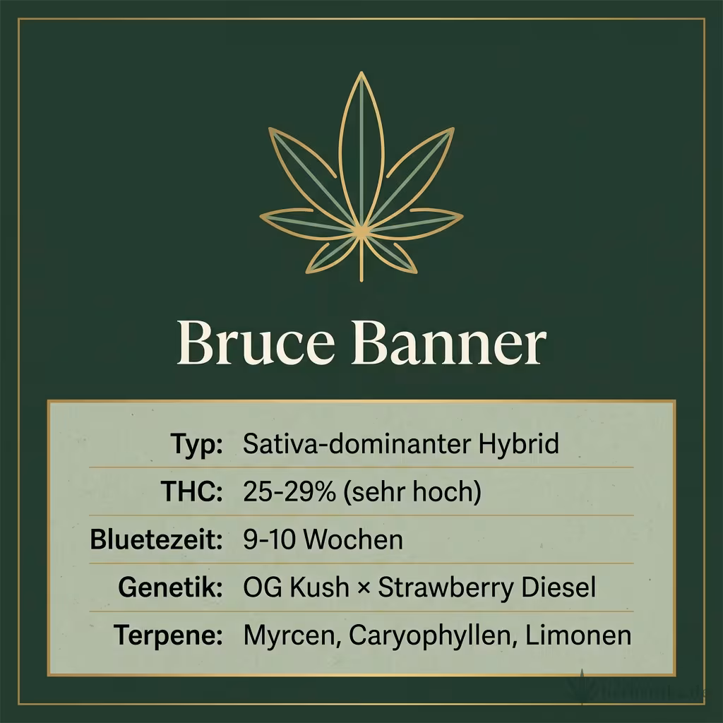 Infografik mit Bruce-Banner Key Facts: Typ Sativa-dominanter Hybrid, THC 25-29%, Bluetezeit 9-10 Wochen, Genetik OG Kush x Strawberry Diesel und Terpene Myrcen, Caryophyllen, Limonen