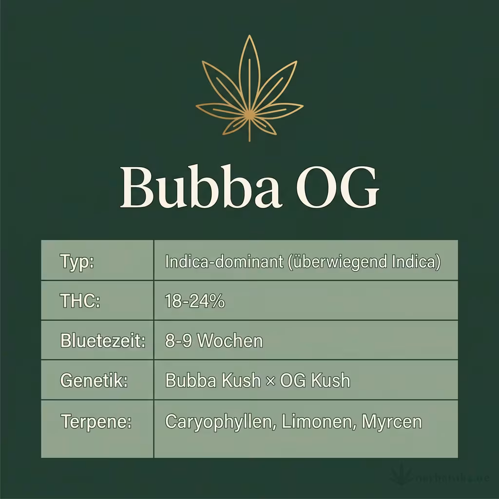 Infografik mit Bubba OG Key Facts: Typ Indica-dominant (überwiegend Indica), THC 18-24%, Bluetezeit 8-9 Wochen, Genetik Bubba Kush × OG Kush und Terpene Caryophyllen, Limonen, Myrcen